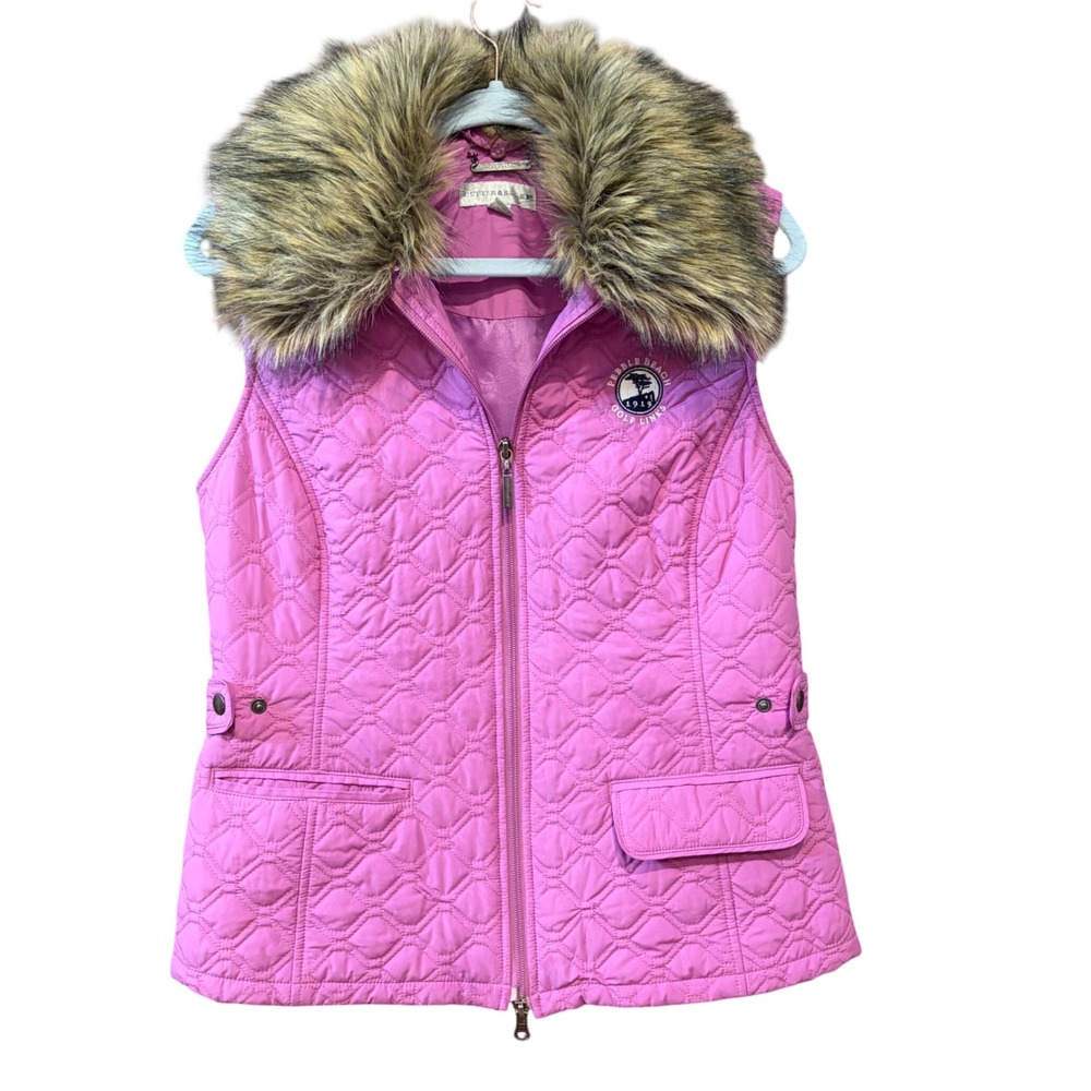 Cutter & Buck Pebble Beach Golf Links Pink Quilted‎ down Vest Faux Fur Collar M